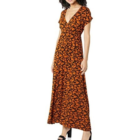 Amazon Essentials Boho Rusty Brown Floral Surplice Flowy Jersey Maxi Dress - Picture 1 of 11
